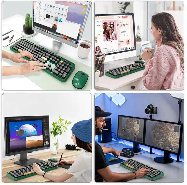 Alt view image 7 of 7 - Wireless Keyboard and Mouse Combo, 104 Round Keys Cute Colorful Keyboard and Mouse with Retro Typewriter for PC/Mac/Laptop/Tablet/Computer/Windows Green