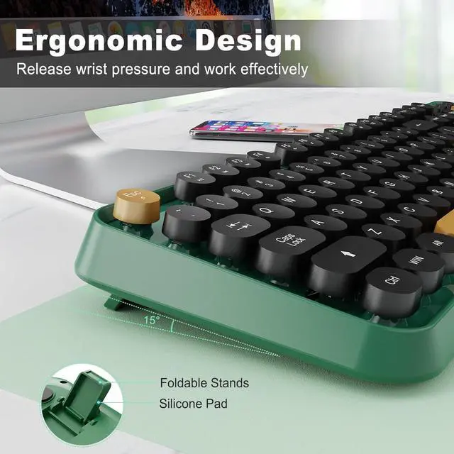 Alt view image 6 of 7 - Wireless Keyboard and Mouse Combo, 104 Round Keys Cute Colorful Keyboard and Mouse with Retro Typewriter for PC/Mac/Laptop/Tablet/Computer/Windows Green