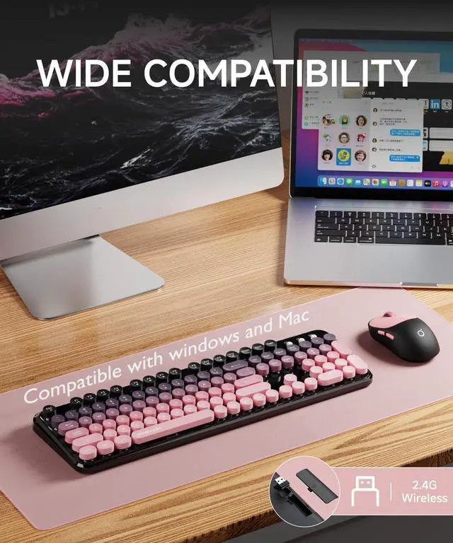 Alt view image 6 of 7 - V96 Wireless Keyboard and Mouse Combo, 2.4G Wireless Full-Sized Retro Typewriter Style Keyboard with Round Keycaps, 104 Keys Computer Keyboards and Mouse for Windows/Mac/PC, Gradient Pink
