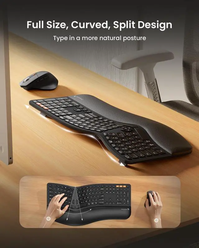 Alt view image 2 of 7 - ProtoArc Ergonomic Wireless Keyboard Mouse, EKM01 Plus Full Size Ergo Bluetooth Keyboard Mouse Combo, Split Design, Wrist Rest, Multi-Device, Rechargeable, for Windows/Mac OS - Black