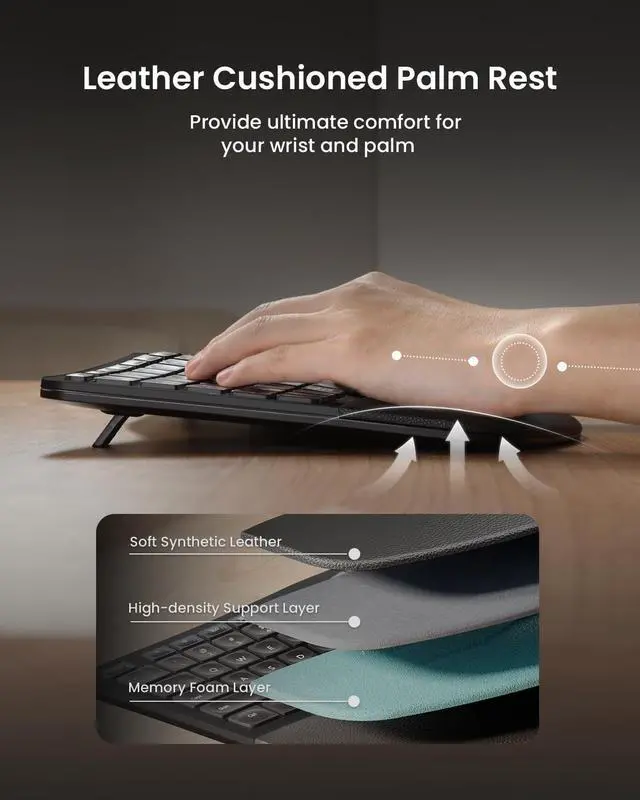 Alt view image 3 of 7 - ProtoArc Ergonomic Wireless Keyboard Mouse, EKM01 Plus Full Size Ergo Bluetooth Keyboard Mouse Combo, Split Design, Wrist Rest, Multi-Device, Rechargeable, for Windows/Mac OS - Black