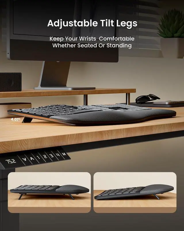 Alt view image 4 of 7 - ProtoArc Ergonomic Wireless Keyboard Mouse, EKM01 Plus Full Size Ergo Bluetooth Keyboard Mouse Combo, Split Design, Wrist Rest, Multi-Device, Rechargeable, for Windows/Mac OS - Black