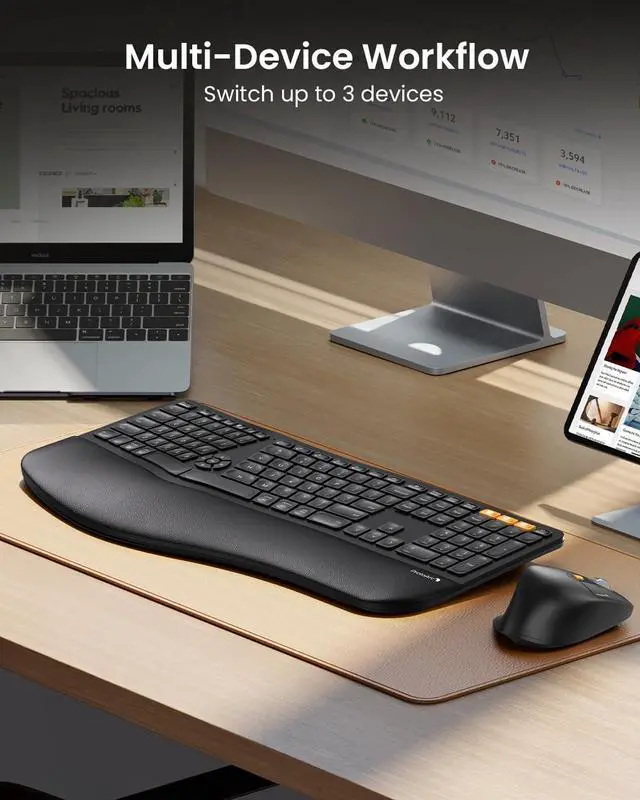 Alt view image 6 of 7 - ProtoArc Ergonomic Wireless Keyboard Mouse, EKM01 Plus Full Size Ergo Bluetooth Keyboard Mouse Combo, Split Design, Wrist Rest, Multi-Device, Rechargeable, for Windows/Mac OS - Black