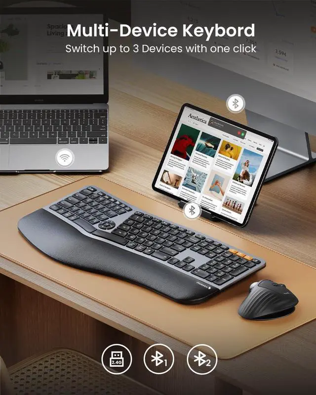 Alt view image 3 of 7 - Backlit Bluetooth Ergonomic Keyboard, ProtoArc EK01 Plus Full Size Wireless Split Keyboard with Dual Bluetooth and USB, Cushioned Wrist Rest, Rechargeable for Windows/Mac/Android, Grey Black