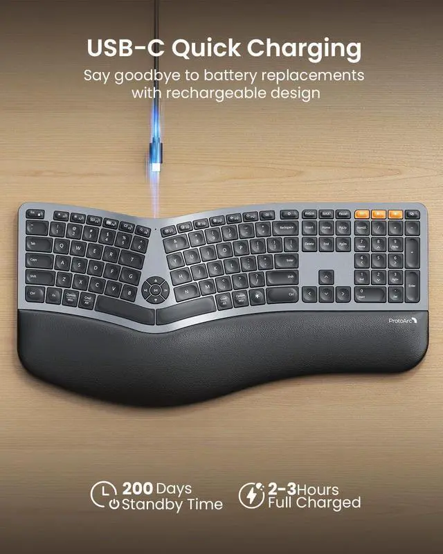 Alt view image 5 of 7 - Backlit Bluetooth Ergonomic Keyboard, ProtoArc EK01 Plus Full Size Wireless Split Keyboard with Dual Bluetooth and USB, Cushioned Wrist Rest, Rechargeable for Windows/Mac/Android, Grey Black