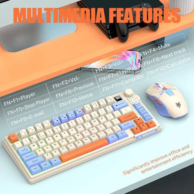 Alt view image 6 of 7 - 75  Wireless Gaming Keyboard and Mouse Combo, Tri-Mode BT5.0/2.4GHz/USB-C, RGB Backlit Keyboard + 3D 1600DPI Mice, 2000mAh Battery, 80 Keys, Knob Volume Control (Blue)