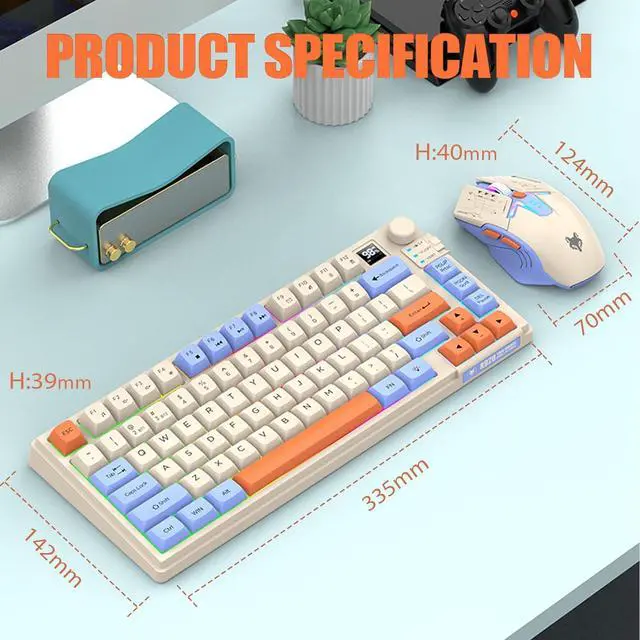 Alt view image 7 of 7 - 75  Wireless Gaming Keyboard and Mouse Combo, Tri-Mode BT5.0/2.4GHz/USB-C, RGB Backlit Keyboard + 3D 1600DPI Mice, 2000mAh Battery, 80 Keys, Knob Volume Control (Blue)