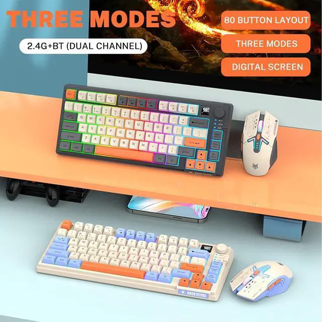 Alt view image 2 of 7 - 75  Wireless Gaming Keyboard and Mouse Combo, Tri-Mode BT5.0/2.4GHz/USB-C, RGB Backlit Keyboard + 3D 1600DPI Mice, 2000mAh Battery, 80 Keys, Knob Volume Control (Blue)