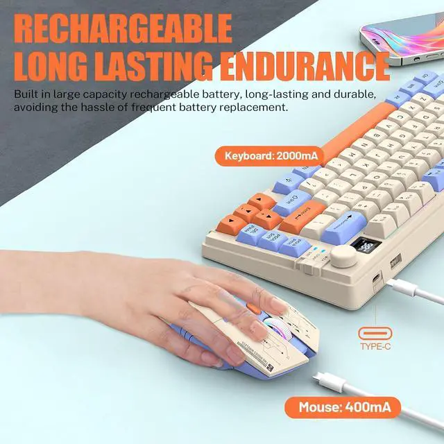Alt view image 5 of 7 - 75  Wireless Gaming Keyboard and Mouse Combo, Tri-Mode BT5.0/2.4GHz/USB-C, RGB Backlit Keyboard + 3D 1600DPI Mice, 2000mAh Battery, 80 Keys, Knob Volume Control (Blue)