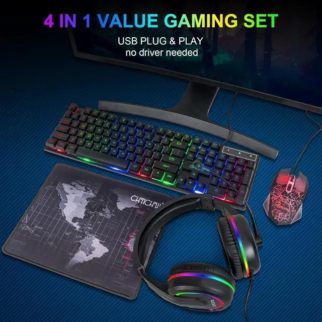 Alt view image 4 of 4 - Gaming LED Keyboard Mouse Headset and Mousepad Bundle, CHONCHOW Wired Rainbow LED Light Up Gaming Keyboard Mouse Headset, Value 4 in 1 Game Set for Xbox PS4 PS5 PC Laptop
