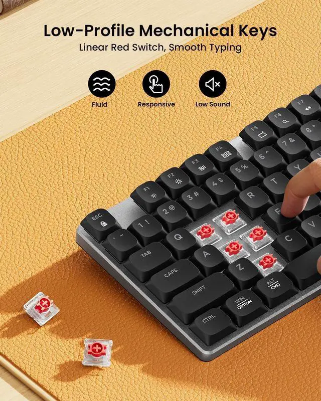 Alt view image 2 of 7 - ProtoArc Mechanical Keyboard and Mouse, KM310 Wireless Rechargeable Aluminum Keyboard Mouse, 2.4G+Dual Bluetooth, Low Profile Keys, Red Switches, Multi-Device, for Windows/Mac - Space Gray