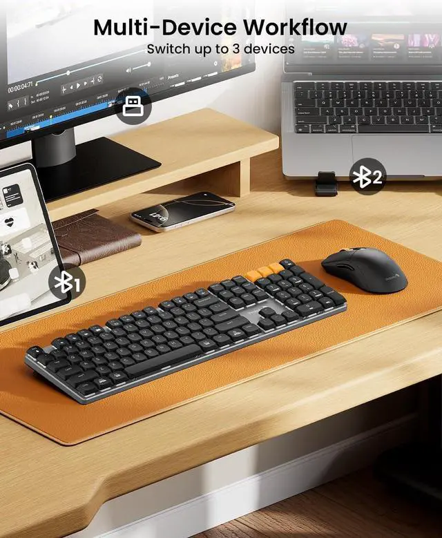 Alt view image 3 of 7 - ProtoArc Mechanical Keyboard and Mouse, KM310 Wireless Rechargeable Aluminum Keyboard Mouse, 2.4G+Dual Bluetooth, Low Profile Keys, Red Switches, Multi-Device, for Windows/Mac - Space Gray