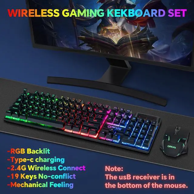 Alt view image 2 of 7 - CHONCHOW USB Wireless Gaming Keyboard and Mouse Combo, LED Backlit Ergonomic Mechanical Feeling Keyboard, Rechargeable 2500mAh Battery, Anti-ghosting Keyboards 7D 3600DPI Mice for PC Gamer
