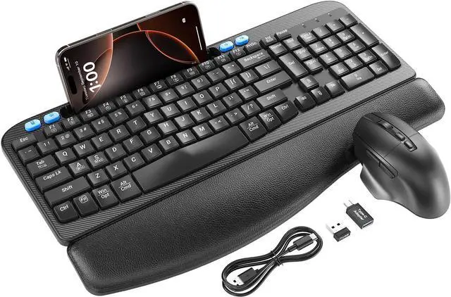 Main image of SABLUTE Wireless Keyboard and Mouse Combo, Ergonomic Wave Keys, Cushioned Plam Rest, Rechargeable, Phone Holder, Natural Typing, 2.4G Lag-Free, Full Size Keyboards Cordless Set for Windows/Mac