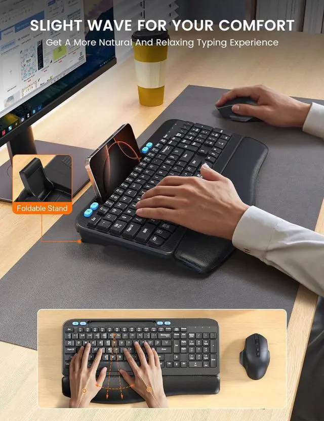 Alt view image 2 of 7 - SABLUTE Wireless Keyboard and Mouse Combo, Ergonomic Wave Keys, Cushioned Plam Rest, Rechargeable, Phone Holder, Natural Typing, 2.4G Lag-Free, Full Size Keyboards Cordless Set for Windows/Mac