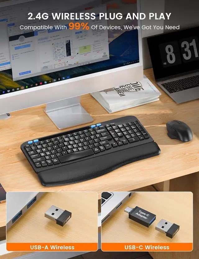 Alt view image 7 of 7 - SABLUTE Wireless Keyboard and Mouse Combo, Ergonomic Wave Keys, Cushioned Plam Rest, Rechargeable, Phone Holder, Natural Typing, 2.4G Lag-Free, Full Size Keyboards Cordless Set for Windows/Mac