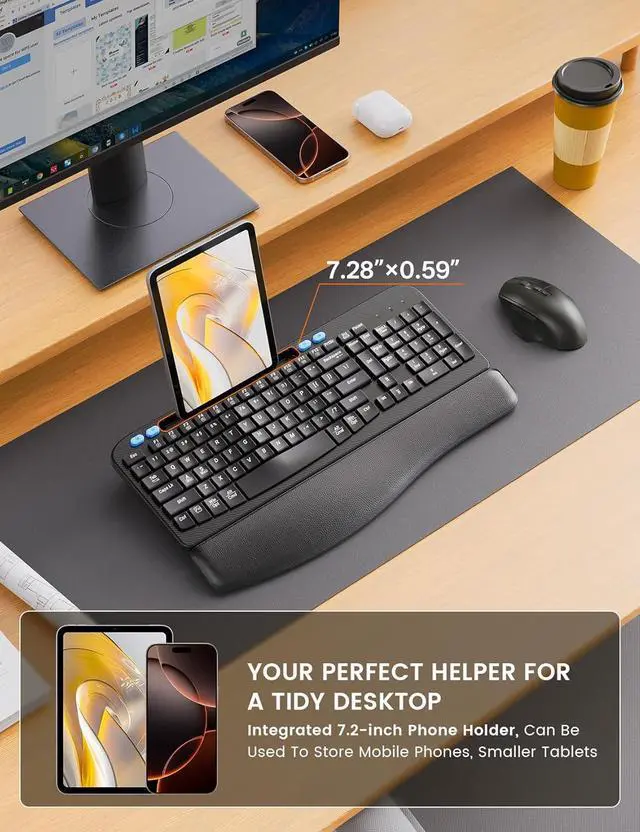 Alt view image 5 of 7 - SABLUTE Wireless Keyboard and Mouse Combo, Ergonomic Wave Keys, Cushioned Plam Rest, Rechargeable, Phone Holder, Natural Typing, 2.4G Lag-Free, Full Size Keyboards Cordless Set for Windows/Mac