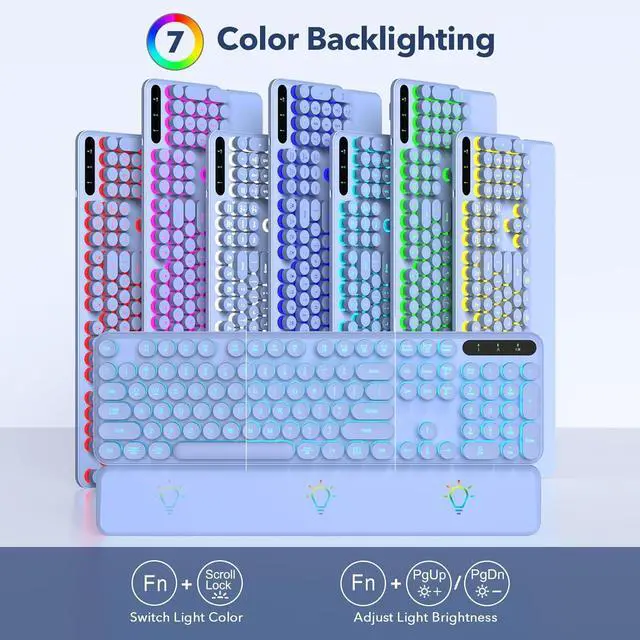 Alt view image 2 of 7 - Wireless Keyboard and Mouse Combo, Backlit Round Keycaps, Retro Typewriter Keyboard with Detachable Wrist Rest, Rechargeable & Tilt Legs, 2.4GHz Cordless Connection for Mac/Windows/PC (Glowing Purple)