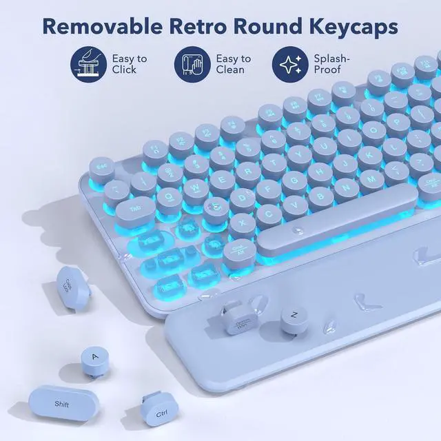 Alt view image 4 of 7 - Wireless Keyboard and Mouse Combo, Backlit Round Keycaps, Retro Typewriter Keyboard with Detachable Wrist Rest, Rechargeable & Tilt Legs, 2.4GHz Cordless Connection for Mac/Windows/PC (Glowing Purple)