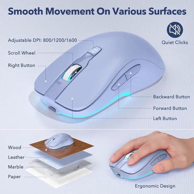 Alt view image 6 of 7 - Wireless Keyboard and Mouse Combo, Backlit Round Keycaps, Retro Typewriter Keyboard with Detachable Wrist Rest, Rechargeable & Tilt Legs, 2.4GHz Cordless Connection for Mac/Windows/PC (Glowing Purple)