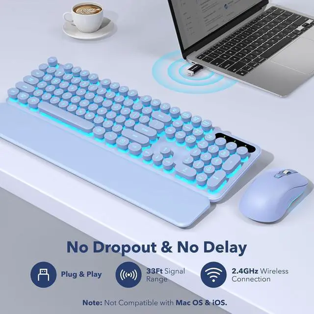 Alt view image 7 of 7 - Wireless Keyboard and Mouse Combo, Backlit Round Keycaps, Retro Typewriter Keyboard with Detachable Wrist Rest, Rechargeable & Tilt Legs, 2.4GHz Cordless Connection for Mac/Windows/PC (Glowing Purple)