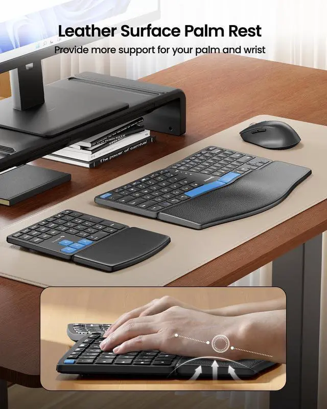 Alt view image 4 of 7 - ProtoArc Ergonomic Keyboard Mouse, EKM04 2.4GHz Wireless Ergo Keyboard Mouse Combo, Separate Numeric Keypad, Split Design, Wrist Rest, Rechargeable, for Desktop, PC, Laptop, Windows - Blue Space Key