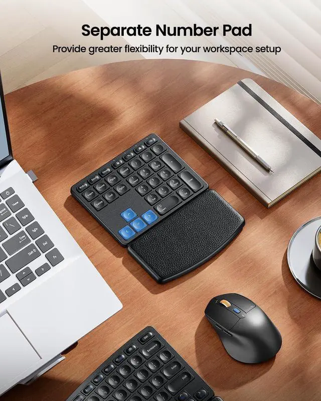 Alt view image 7 of 7 - ProtoArc Ergonomic Keyboard Mouse, EKM04 2.4GHz Wireless Ergo Keyboard Mouse Combo, Separate Numeric Keypad, Split Design, Wrist Rest, Rechargeable, for Desktop, PC, Laptop, Windows - Blue Space Key