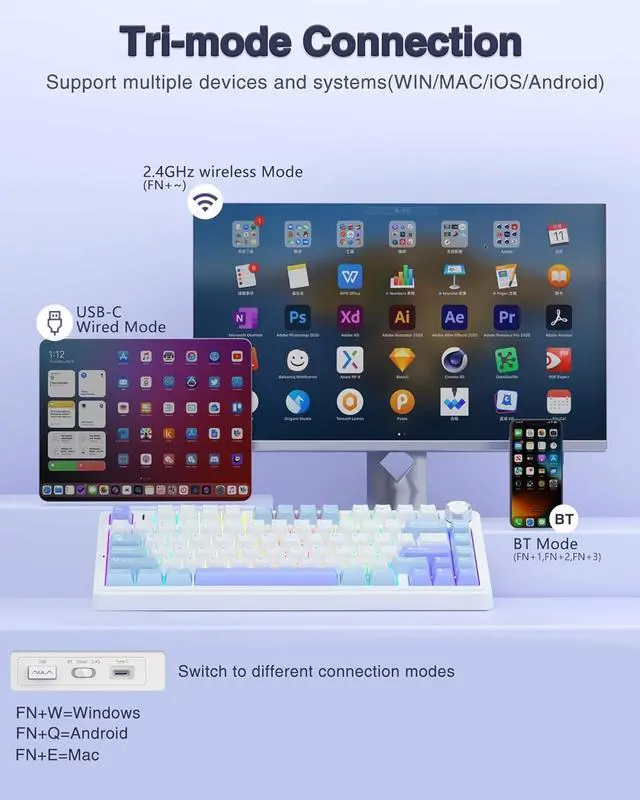 Alt view image 3 of 7 - AULA F75 75% Wireless Mechanical Keyboard, Hot Swappable Creamy Keyboard, Pre-lubed Star Vector Switches RGB Backlit Gaming Keyboards, 2.4GHz/Type-C/BT5.0(White&Blue&Purple)