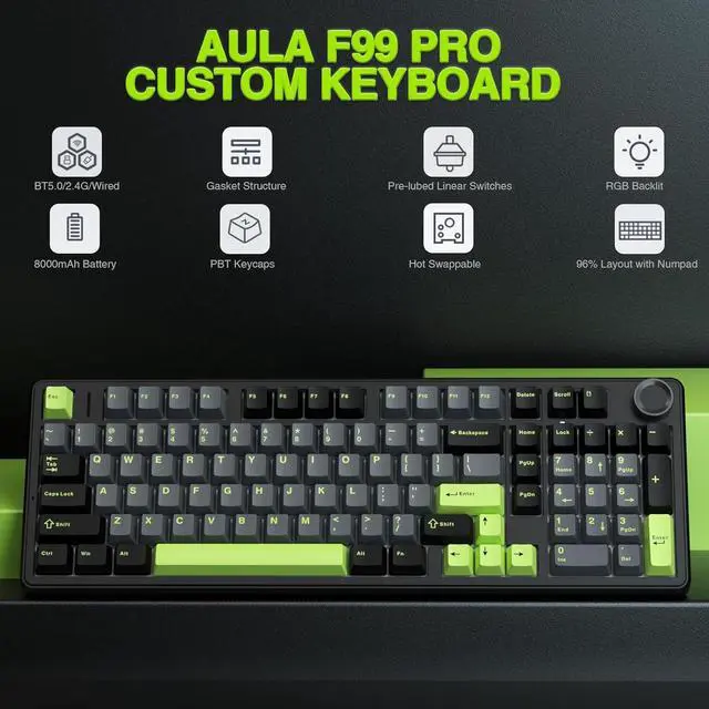 Alt view image 2 of 7 - AULA F99 Pro Wireless Mechanical Keyboard with Knob,Creamy Sound,Tri-Mode BT5.0/USB-C/2.4GHz Hot Swappable Keyboard,Gasket Structure,RGB Backlit Computer Gaming Keyboards