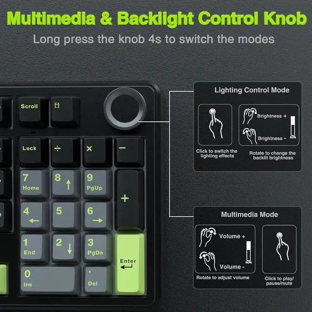 Alt view image 5 of 7 - AULA F99 Pro Wireless Mechanical Keyboard with Knob,Creamy Sound,Tri-Mode BT5.0/USB-C/2.4GHz Hot Swappable Keyboard,Gasket Structure,RGB Backlit Computer Gaming Keyboards