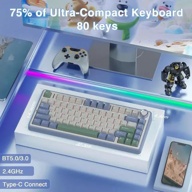 Alt view image 3 of 7 - AULA Wireless Keyboard and Mouse Combo, F75 75% Mechanical Keyboards, Gasket Hot Swappable Custom Keyboard+SC580 Wireless Gaming Mouse Black