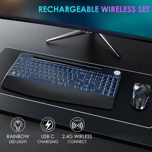 Alt view image 2 of 7 - 2.4G Wireless Keyboard and Mouse Combo, Rechargeable Ergonomic Wireless Computer Keyboard with 7 Colored Backlits, Phone Holder, Volume Knob for Mac Windows Laptop PC