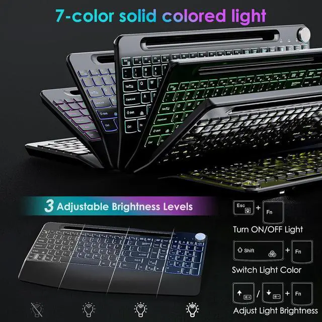 Alt view image 3 of 7 - 2.4G Wireless Keyboard and Mouse Combo, Rechargeable Ergonomic Wireless Computer Keyboard with 7 Colored Backlits, Phone Holder, Volume Knob for Mac Windows Laptop PC