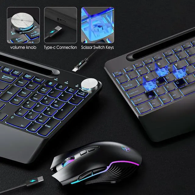 Alt view image 5 of 7 - 2.4G Wireless Keyboard and Mouse Combo, Rechargeable Ergonomic Wireless Computer Keyboard with 7 Colored Backlits, Phone Holder, Volume Knob for Mac Windows Laptop PC