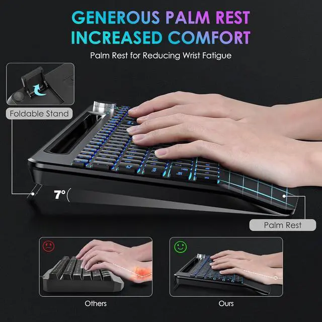 Alt view image 7 of 7 - 2.4G Wireless Keyboard and Mouse Combo, Rechargeable Ergonomic Wireless Computer Keyboard with 7 Colored Backlits, Phone Holder, Volume Knob for Mac Windows Laptop PC