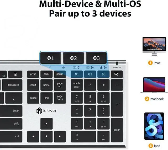 Alt view image 2 of 7 - iClever Bluetooth Keyboard and Mouse, Rechargeable Wireless Keyboard and Mouse Combo with Numeric Keypad, Ultra-Slim Full Size Multi-Device Keyboard for Mac, iPad, MacBook, iPhone, Android, Windows