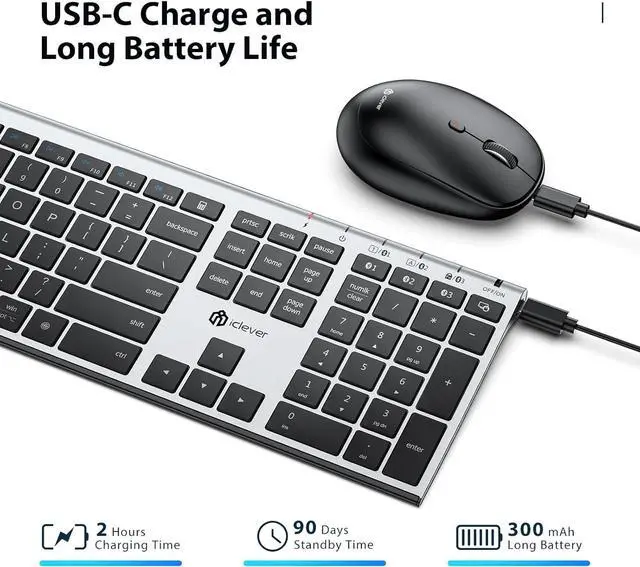 Alt view image 3 of 7 - iClever Bluetooth Keyboard and Mouse, Rechargeable Wireless Keyboard and Mouse Combo with Numeric Keypad, Ultra-Slim Full Size Multi-Device Keyboard for Mac, iPad, MacBook, iPhone, Android, Windows