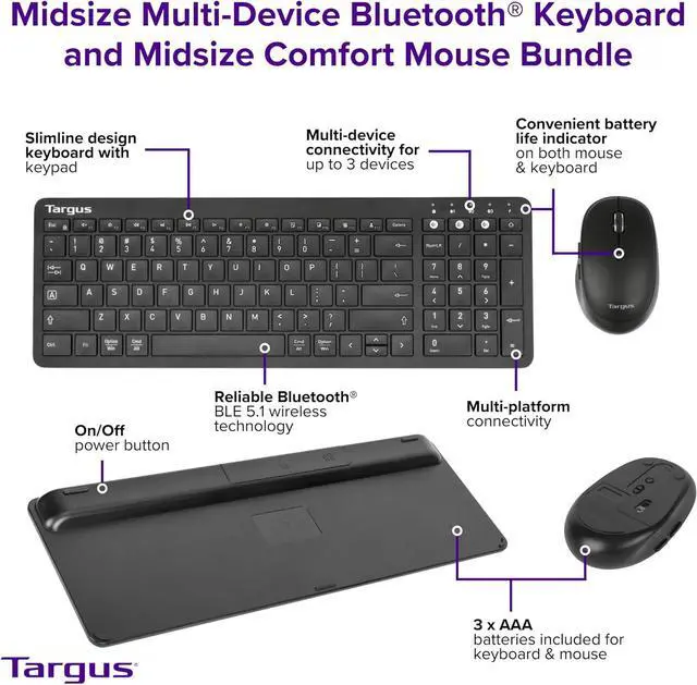 Alt view image 5 of 7 - Targus Midsize Multi-Device Bluetooth Keyboard and Mouse Bundle - Compatible with Chrome OS, Windows, macOS, iOS, and Android (AKM619AMUS)