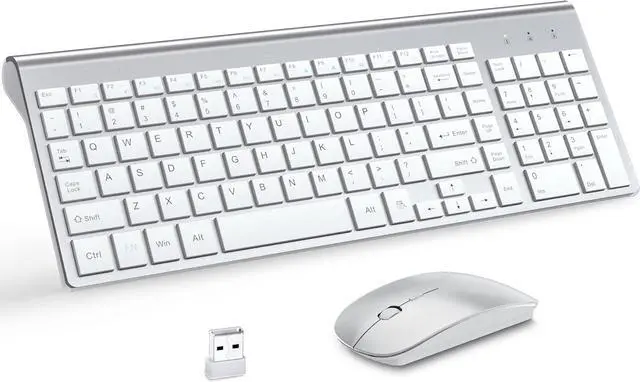 Main image of Wireless Keyboard and Mouse with Mouse Pad Ultra Slim Combo, MOOJAY 2.4G USB Quiet Compact Scissor Switch Keyboard Mice Set with Cover, 2 AA and 2 AAA Batteries, for Laptop/PC/Windows - Silver White