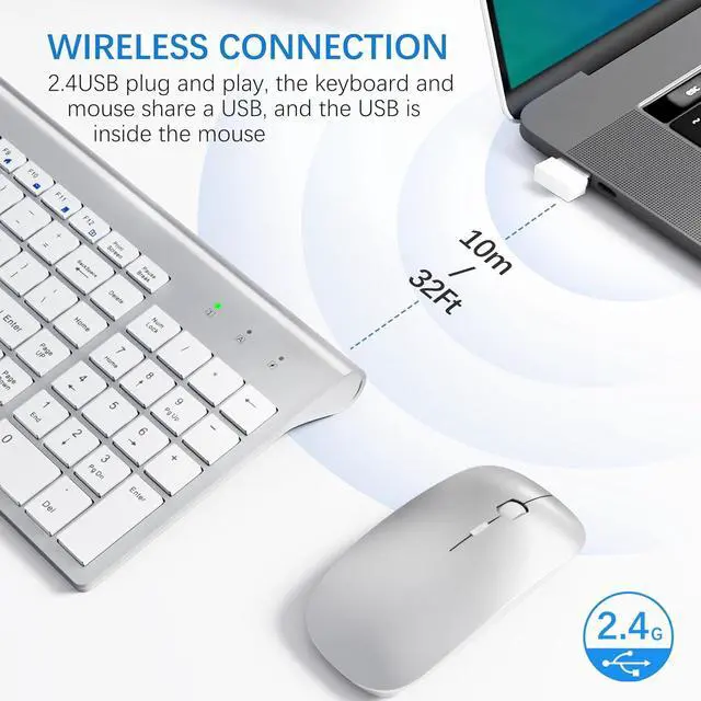 Alt view image 4 of 6 - Wireless Keyboard and Mouse with Mouse Pad Ultra Slim Combo, MOOJAY 2.4G USB Quiet Compact Scissor Switch Keyboard Mice Set with Cover, 2 AA and 2 AAA Batteries, for Laptop/PC/Windows - Silver White