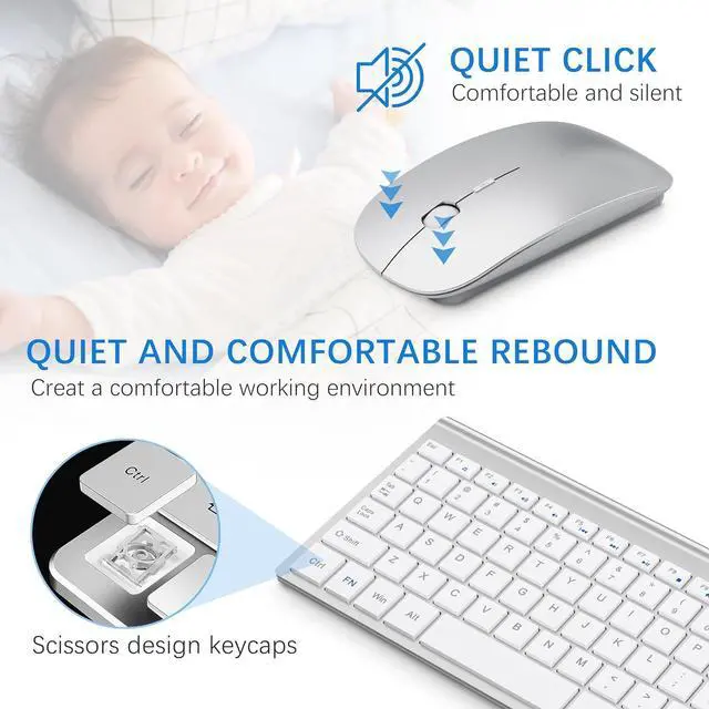 Alt view image 2 of 6 - Wireless Keyboard and Mouse with Mouse Pad Ultra Slim Combo, MOOJAY 2.4G USB Quiet Compact Scissor Switch Keyboard Mice Set with Cover, 2 AA and 2 AAA Batteries, for Laptop/PC/Windows - Silver White
