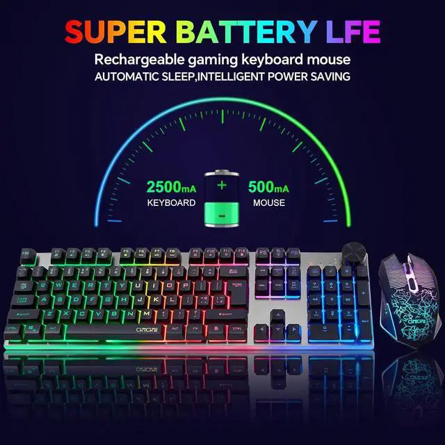 Alt view image 3 of 6 - Wireless Gaming Keyboard with knob and Mouse Combo USB Dongle 2.4G Rechargeable 3000mAH Battery RGB Backlit Stainless Panel 4200DPI Side Button Mice for PC Laptop compatible with Windows 8/9/10 MacOS