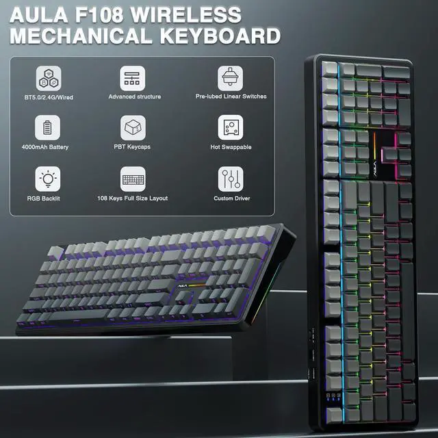 Alt view image 3 of 7 - AULA Wireless Keyboard and Mouse Combo, F108 Full Size Mechanical Keyboard SC580 Tri-Mode Gaming Mouse