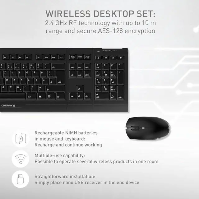 Alt view image 2 of 6 - CHERRY B.Unlimited 3.0 - Wireless Keyboard+Mouse - US Layout - QWERTY Keyboard -Black