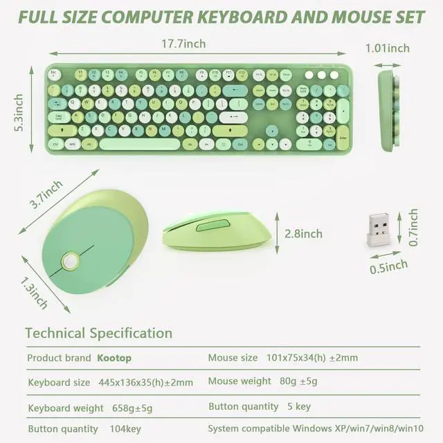 Alt view image 7 of 7 - Wireless Keyboard and Mouse Combo, Cute Colorful 104-Key Typewriter Retro Round Keycaps Keyboard for PC Laptop,Windows,Desktop,Perfer for Home and Office Keyboards (Green)