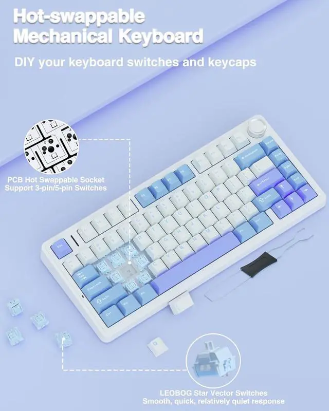 Alt view image 5 of 7 - AULA F75 75% Wireless Mechanical Keyboard, Hot Swappable Creamy Keyboard, Pre-lubed Star Vector Switches RGB Backlit Gaming Keyboards, 2.4GHz/Type-C/BT5.0(White&Blue&Purple)