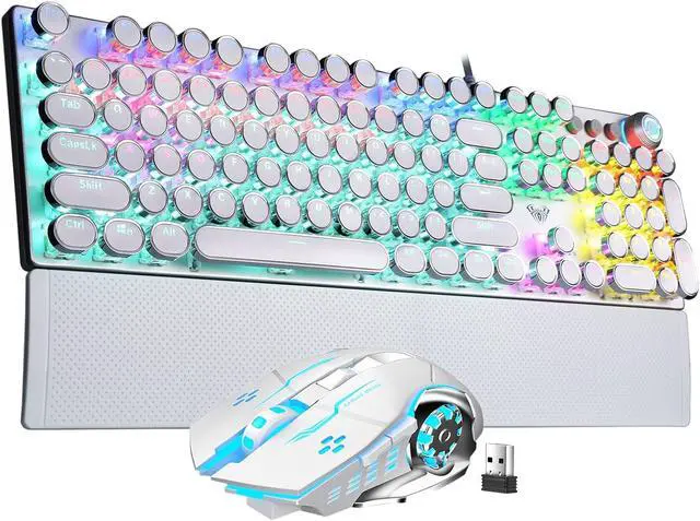 Main image of AULA White Gaming Keyboard and Mouse Combo (F2088 Typewriter Style Mechanical Keyboards Wired + SC100 Wireless Gaming Mouse), LED Rainbow Backlit Keyboard Mouse Set