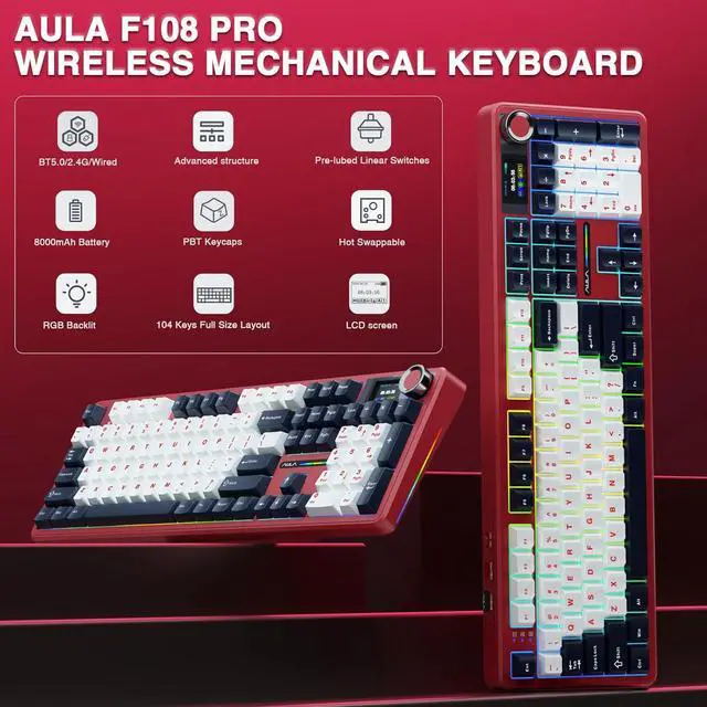 Alt view image 3 of 7 - AULA Wireless Keyboard and Mouse Combo, F108 Pro Full Size Mechanical Keyboard SC900 Max Wireless Mouse