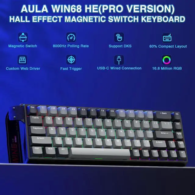 Alt view image 2 of 7 - AULA WIN68 HE PRO - Hall Effect Gaming Keyboard with Magnetic Switch, Rapid Trigger Mode Adjustable Actuation, 8KHz Polling Rate, Wired RGB Backlit Mechanical Gaming Keyboard 60 Percent Compact Design