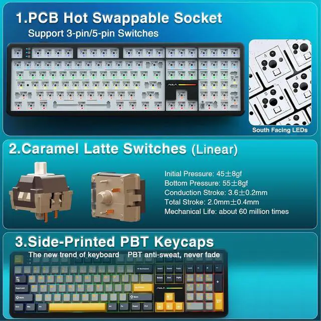 Alt view image 5 of 7 - AULA F108 Wireless Mechanical Keyboard, BT5.0/USB-C/2.4GHz Hot Swappable Custom Gaming Keyboards, PBT Keycaps, Pre-lubed Switches, RGB Backlit Full Size Creamy Keyboard with Number Pad, 108 Keys